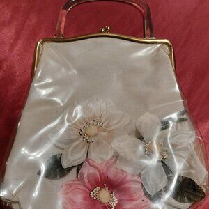 Vintage Clear Plastic Fabric Lined Handbag with Pressed Faux Flowers